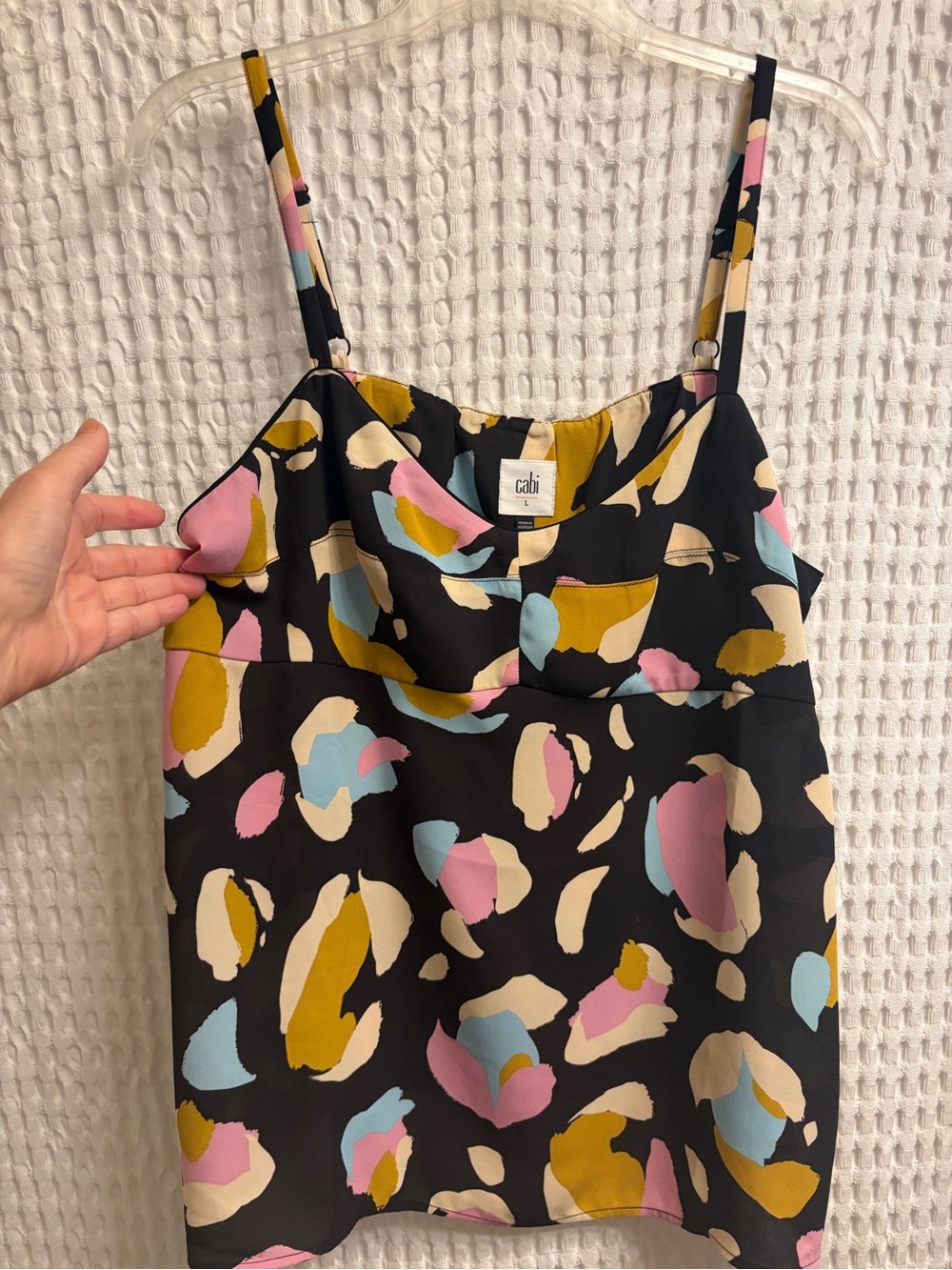 CAbi Black Abstract Multicolor Print Cami with Pink, Blue & Mustard Accents